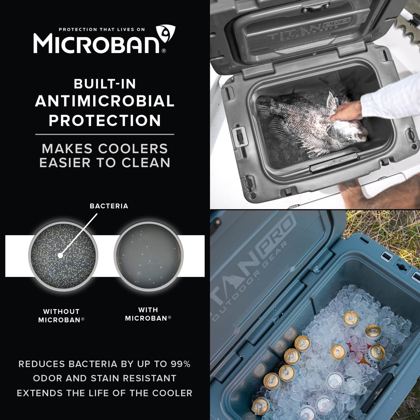 Titan PRO High Performance Ice Chest - 55 Quart Capacity - Hard Cooler with Interior LED Light, Dry Bin, Ice Saver Performance Booster and Microban Protection - Driftwood Tan