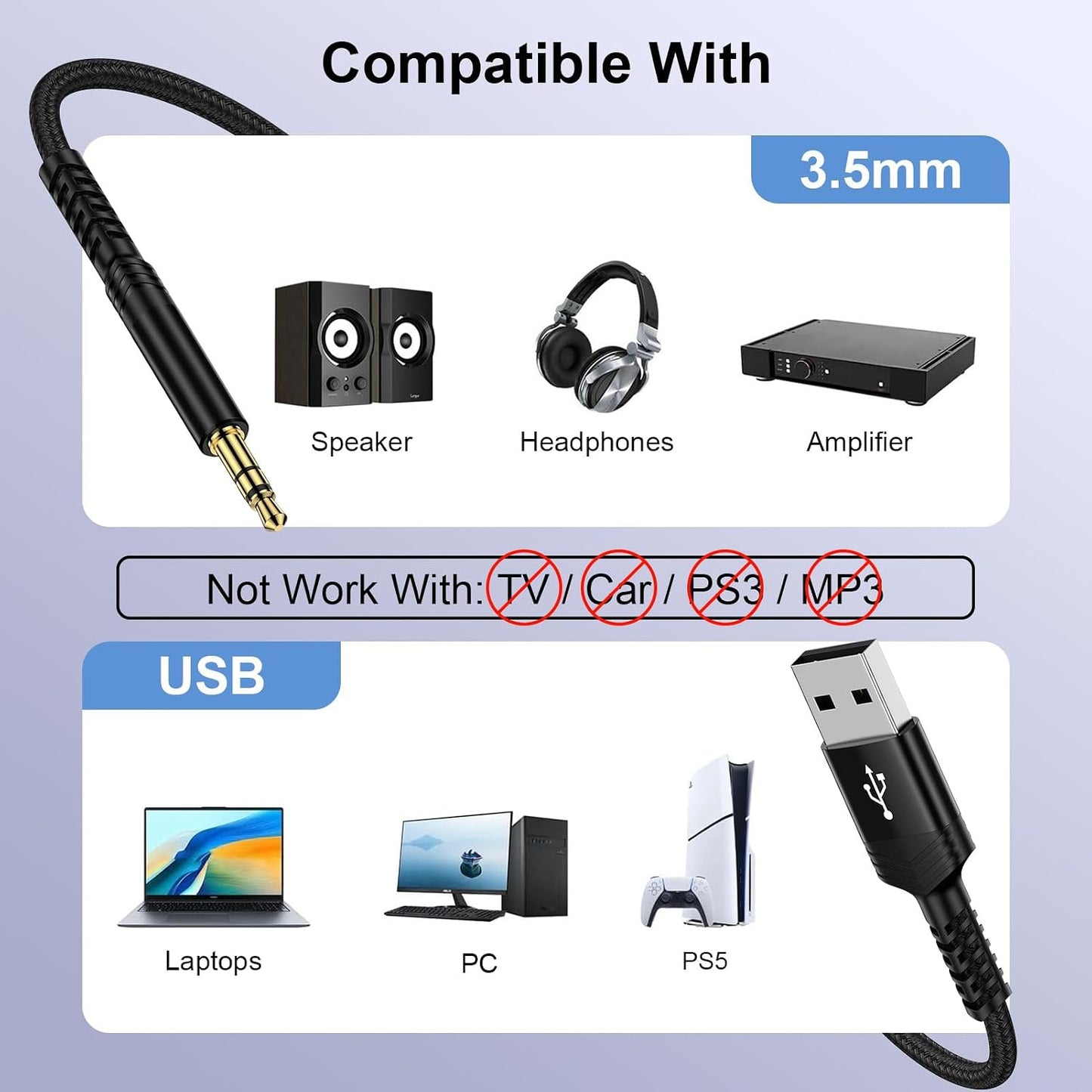 3.5mm 3FT PS5 PS4 USB to Audio Aux Cable, USB Male to AUX Male Jack Adapter TRS Stereo Braided Audio Cord