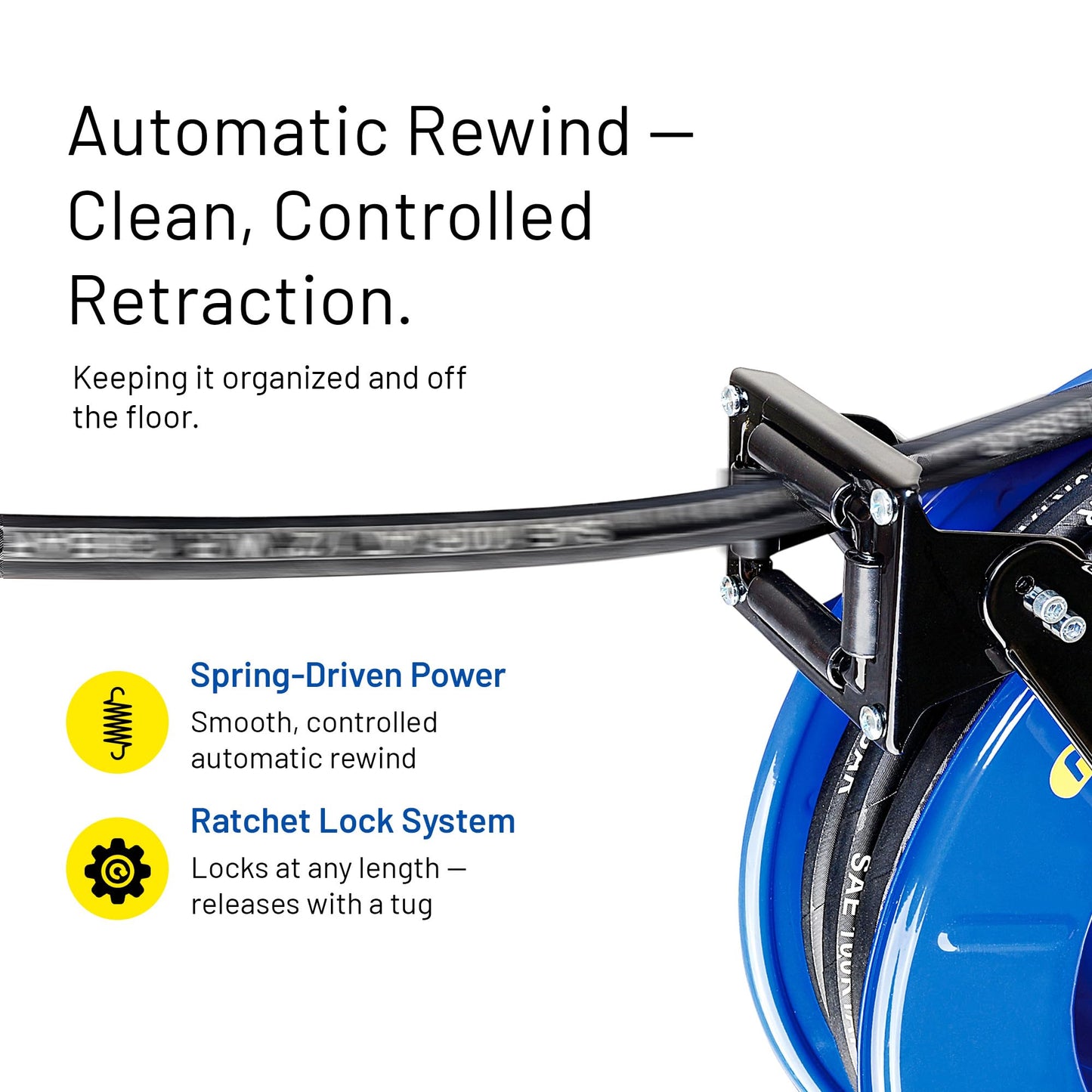 Goodyear Oil Hose Reel Retractable 1/2" Inch x 50' Foot Long Premium Commercial SAE 100R1AT Hose Max 2320 Psi Steel Construction Elite Heavy Duty Industrial Spring Driven Dual Arm and Pedestal