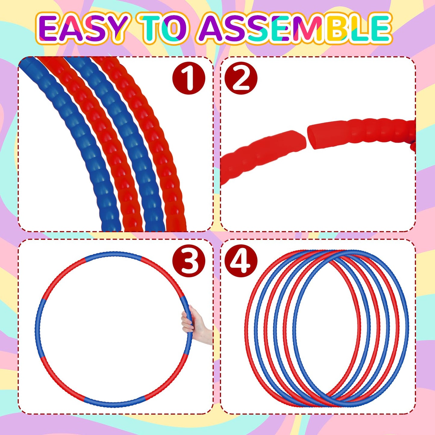 Halloscume 6 Pcs Exercise Hoop Detachable Fitness Rings Adjustable Plastic Toy Fitness Hoop Playground Toys Colored Circles for Teens Games Gymnastics Agility, 28 Inch(Dark Blue, Red)