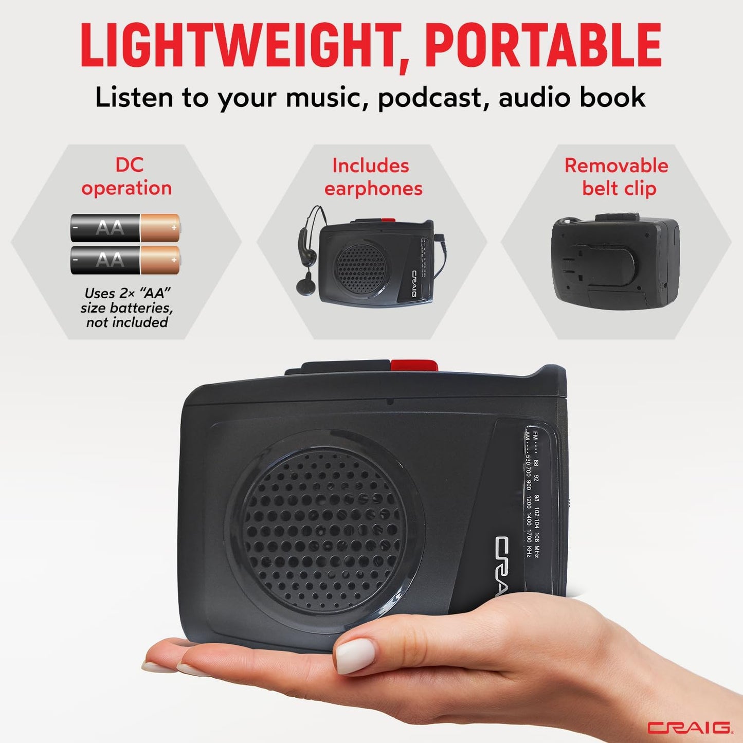 Craig Cassette Stereo Player/Recorder with Earphones: Portable AM/FM Radio & One-Touch Recording System