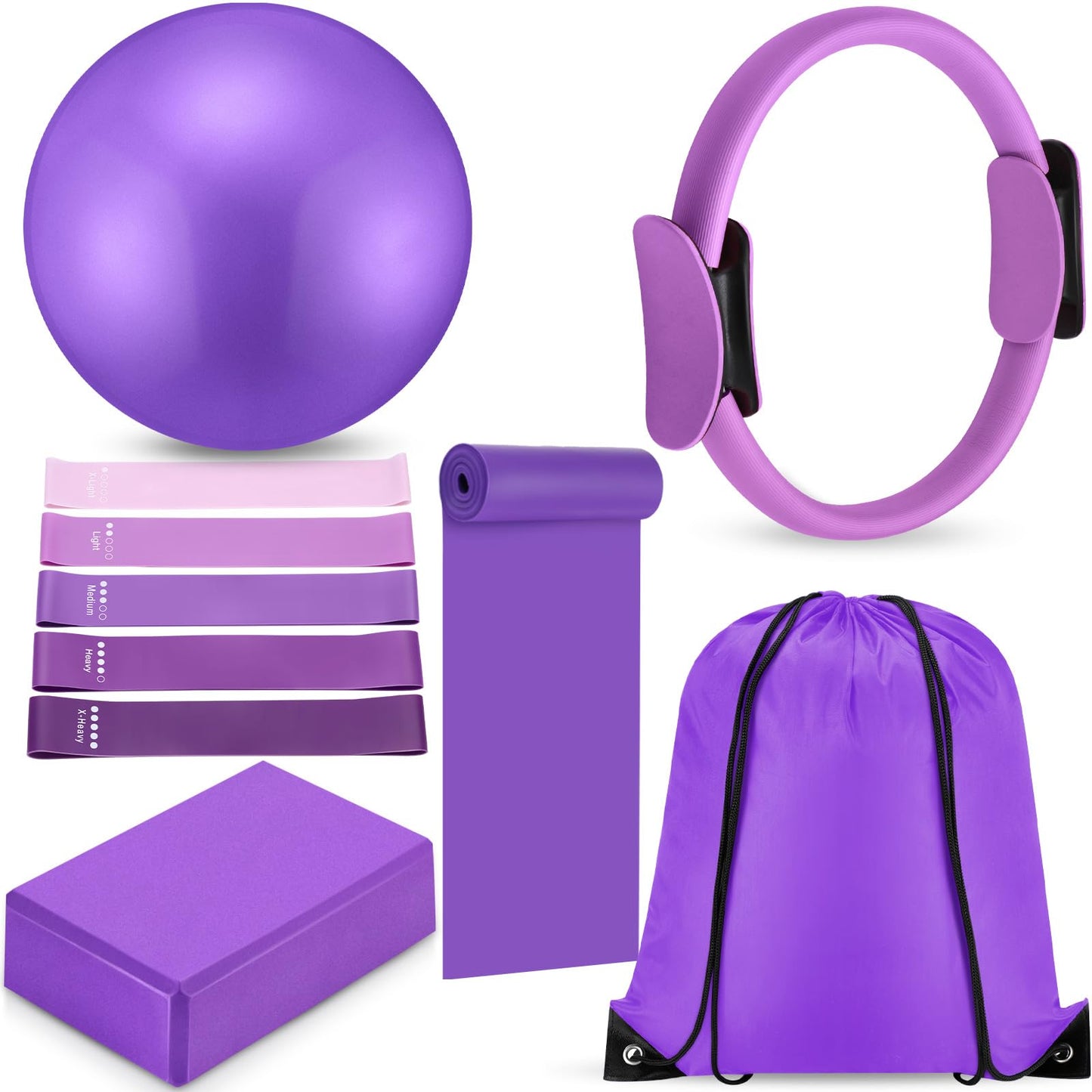 Silipull 10 Pcs Pilates Ring Blocks Set for Women Home Yoga Equipment Accessories Pilates Ring Circle and Ball Workouts Gift Include Ball Yoga Circle Resistance Bands Block Straps Gym Bag(Purple)