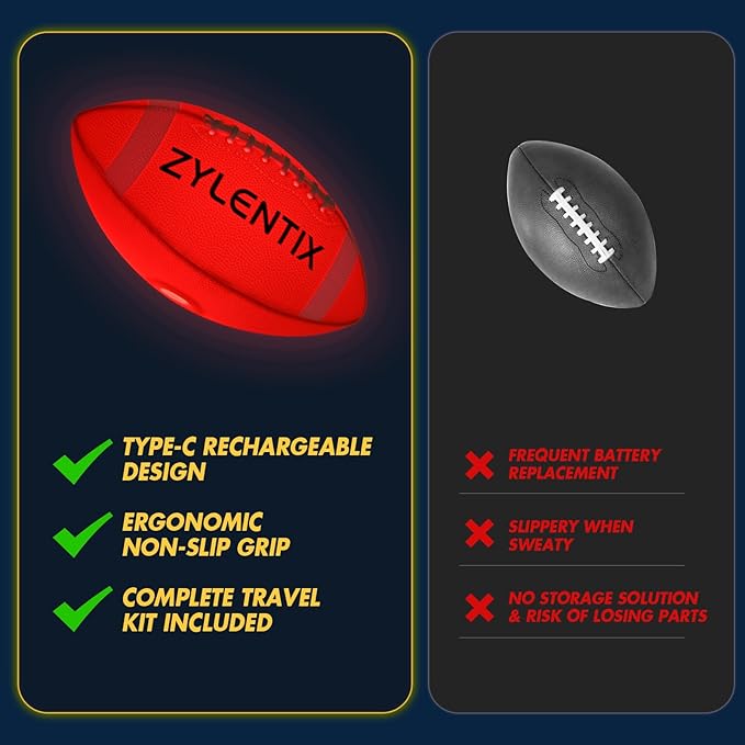 USB-C Rechargeable Light Up Football | Glow in The Dark LED Ball | Size 6 Pro Grip for Night Games | Outdoor & Backyard Sports Toy | Birthday Gifts for Boys Ages 6-15