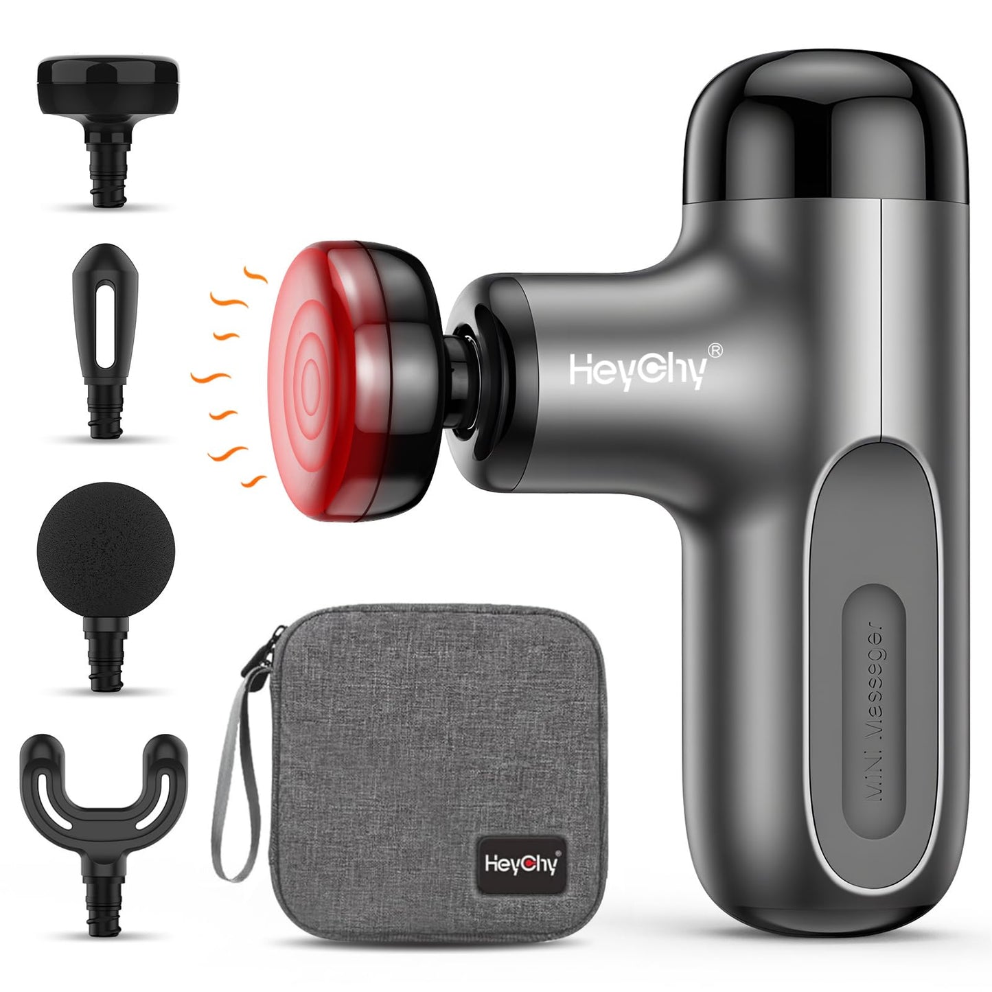 HEYCHY Mini Massage Gun with Heat, Deep Tissue Massage Gun, Portable Percussion Muscle Massager with 4 Massage Heads for Athletes