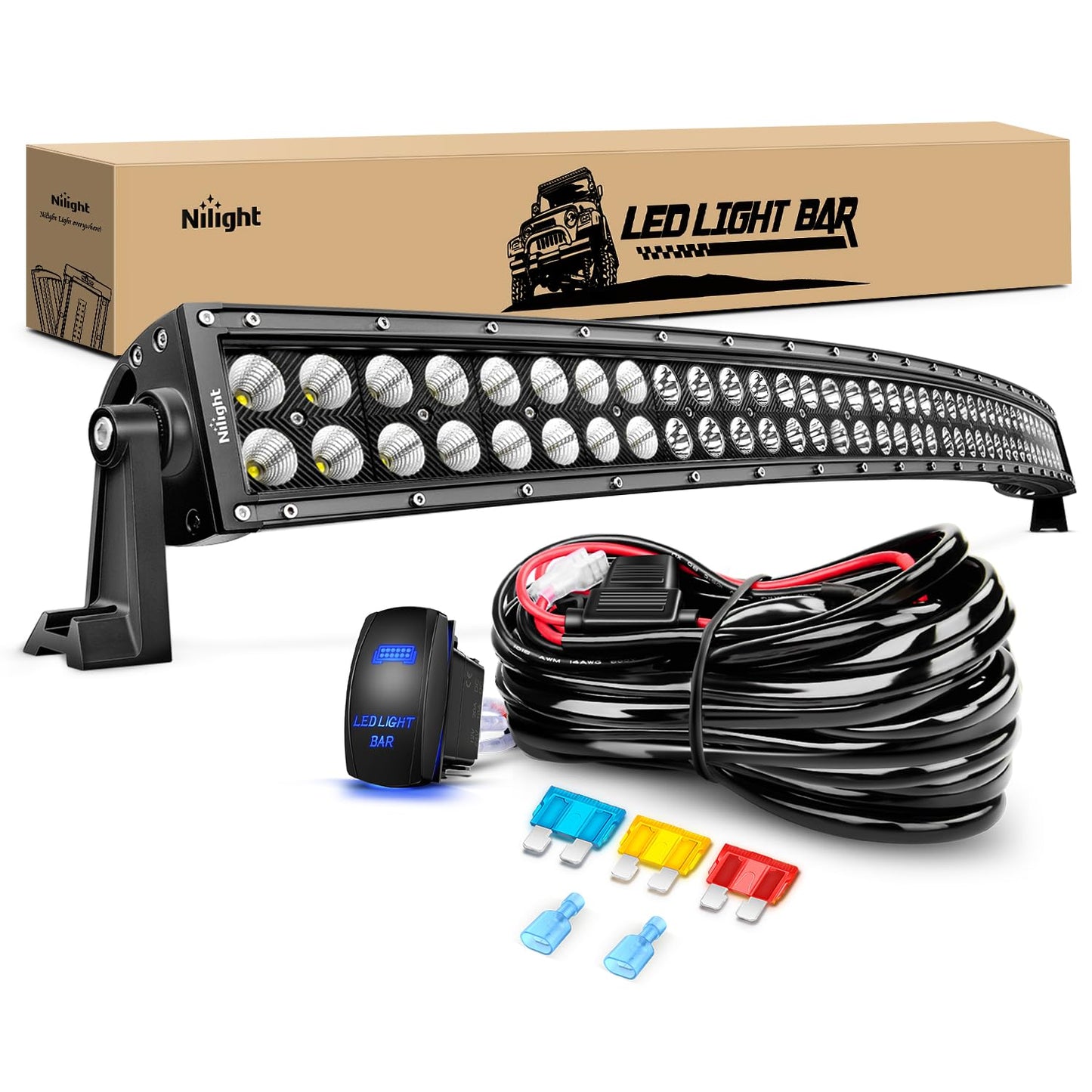 Nilight ZH119 54Inch 54 Inch 312W Curved Spot Flood Combo Bar LED Off Road Driving Light and 1PC 14AWG 12V 5Pin Rocker Switch Wiring Harness Kit-1 Lead, 2 Years Warranty