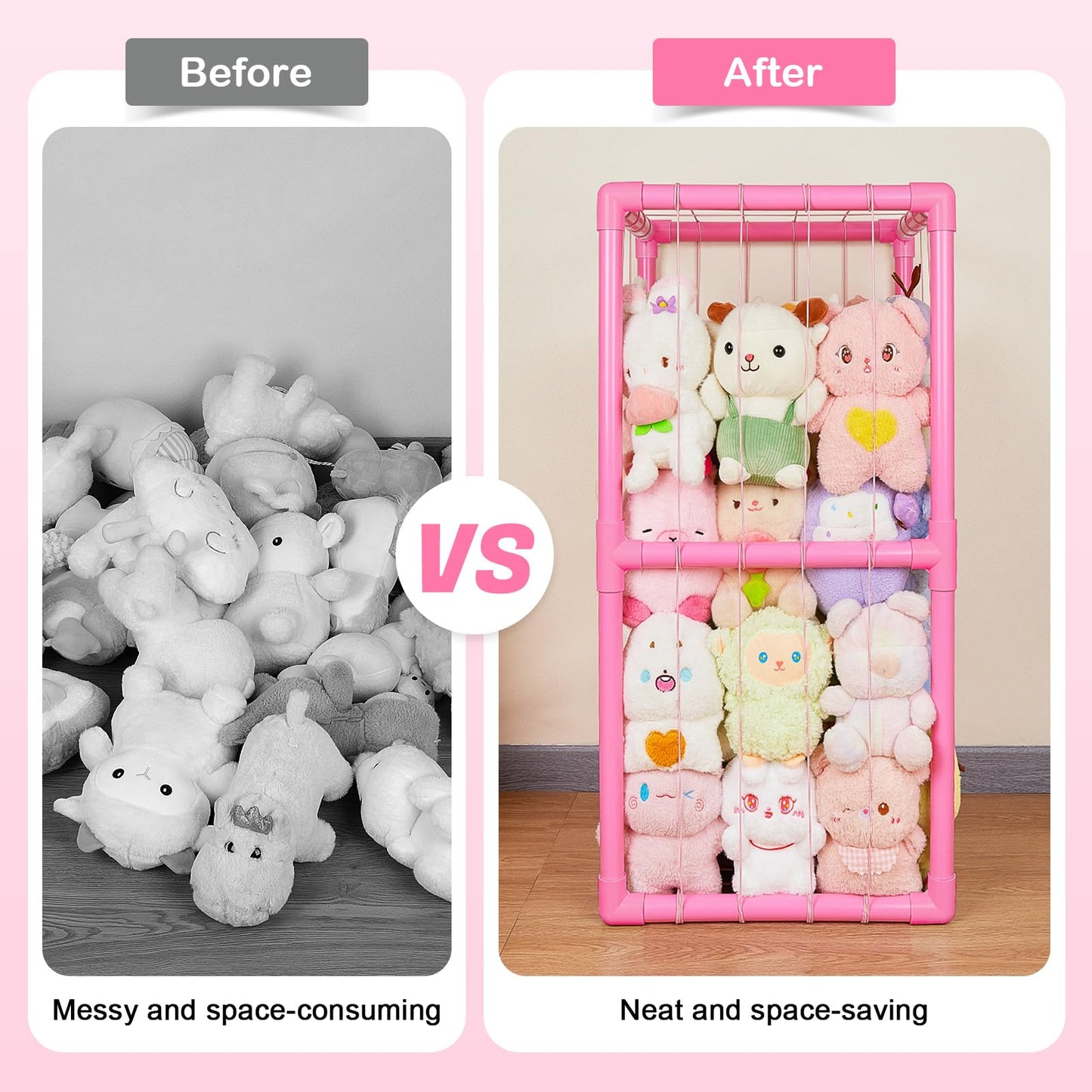 Unicorn Castle Stuffed Animals Storage Organizer with Thicken PVC Tubes Elastic Band Space Save Vertical Plushies Storage Stuffed Animals Zoo Cage for Kids,Pink