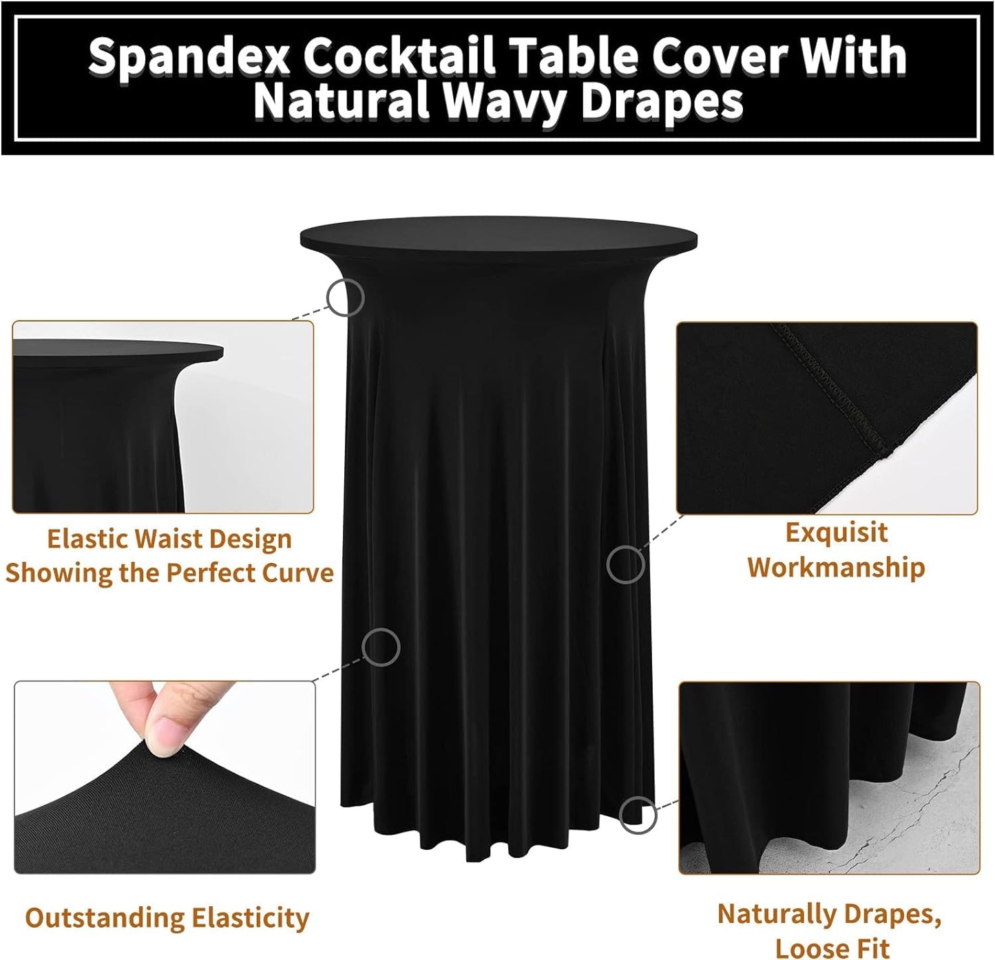 REWOMC 8 Packs Round Cocktail Table Skirt 32"x 43" Spandex Stretch Cocktail Tablecloth with Wavy Drapes, Black Spandex Fitted High Top Table Covers for Wedding Bar Party Birthday Banquet Table