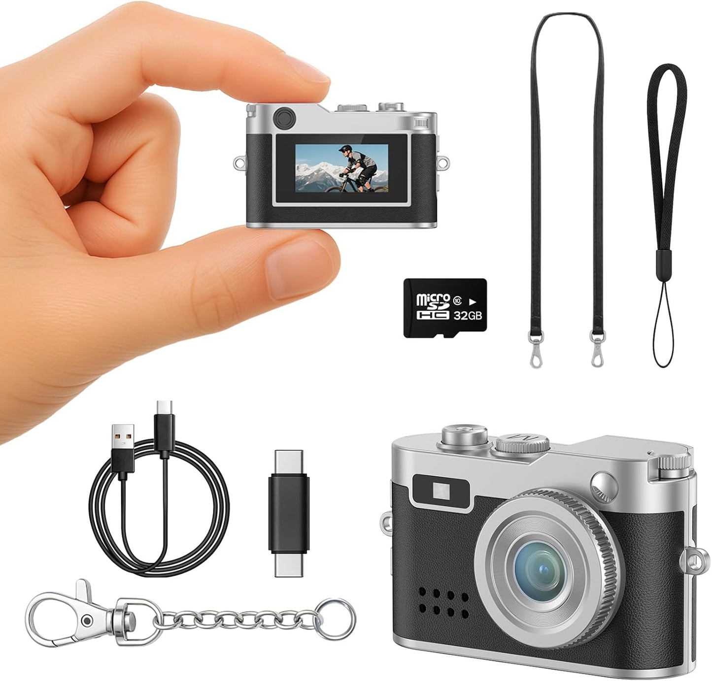 Dienspeak 1080P 32GB 0.96" Mini Digital Camera, HD Tiny Retro Keychain Camera with Card, Screen & OTG Adapter, Vintage