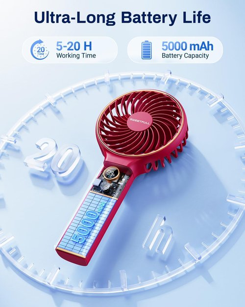 **SWEETFULL Handheld Portable Fan - 5000mAh Rechargeable Battery, 6 Speed Settings, LED Display | Mini Travel Fan**