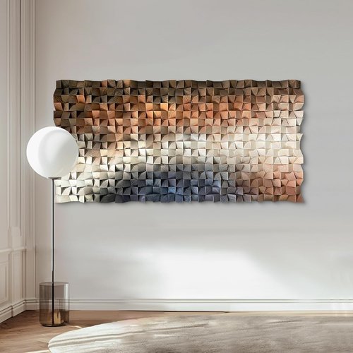 LIUZEYUE 3D Wall Art - Modern Abstract Solid Wood Mosaic Panel in Blue, White & Orange | 23.6x47.2 Inches