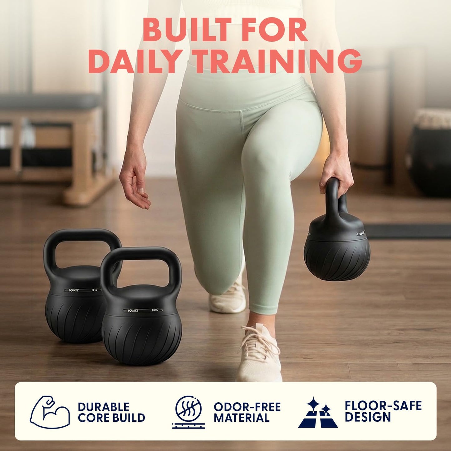 Squatz Soft Drop Kettlebell Set for Home Gym Strength Training - Cushioned Base Kettlebell Set with Wide Grip Handle, Floor-Safe Design, 15 lb, 20 lb, and 25 lb Weights for Full Body Workouts
