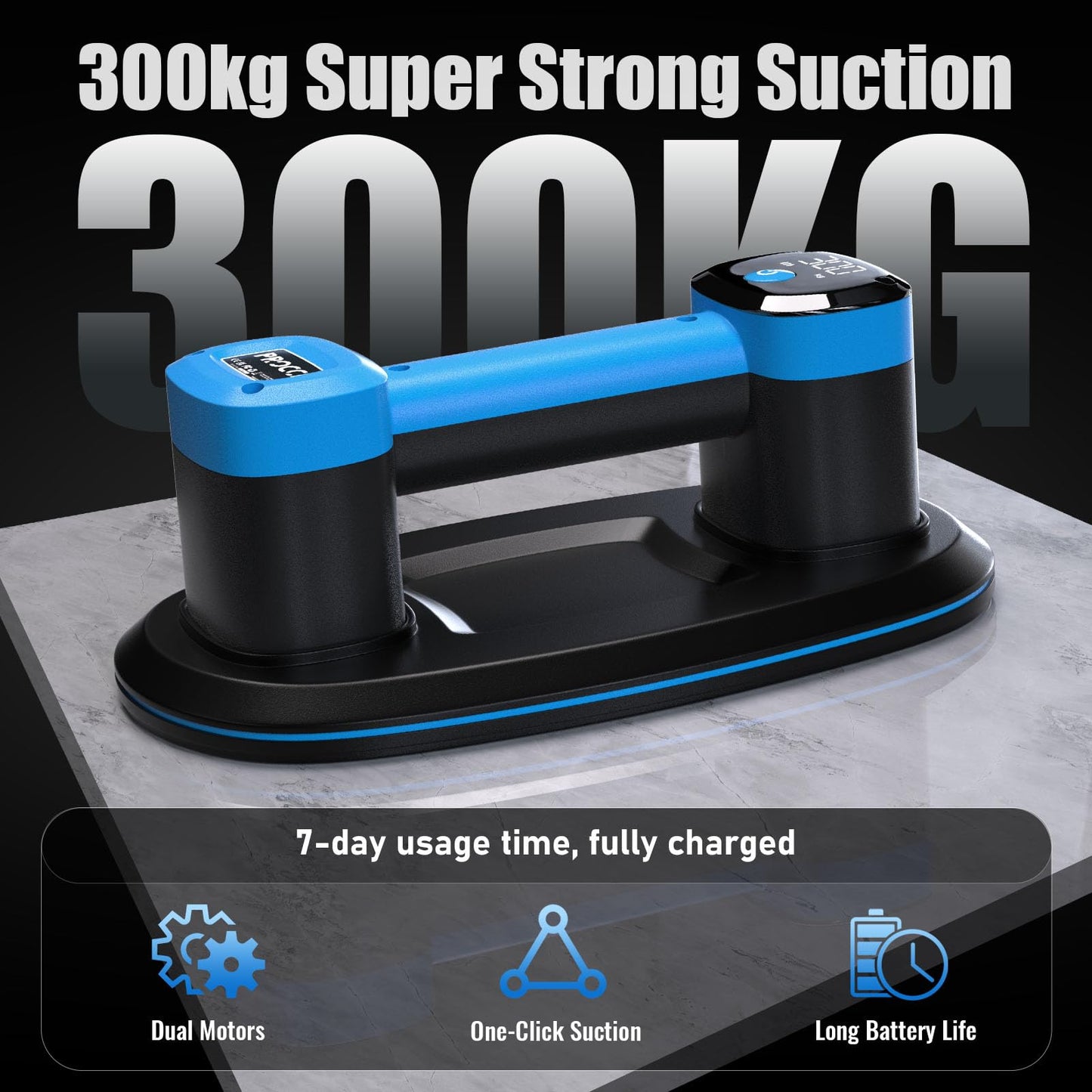 Procci Electric Battery Suction Cup – Cordless Vacuum Lifter for Tiles, Glass, Marble – Dual Motors, 660 LBS/300 KG Suction, LCD Display, 4500mAh, 12h Runtime – for Smooth & Lightly Textured Surfaces