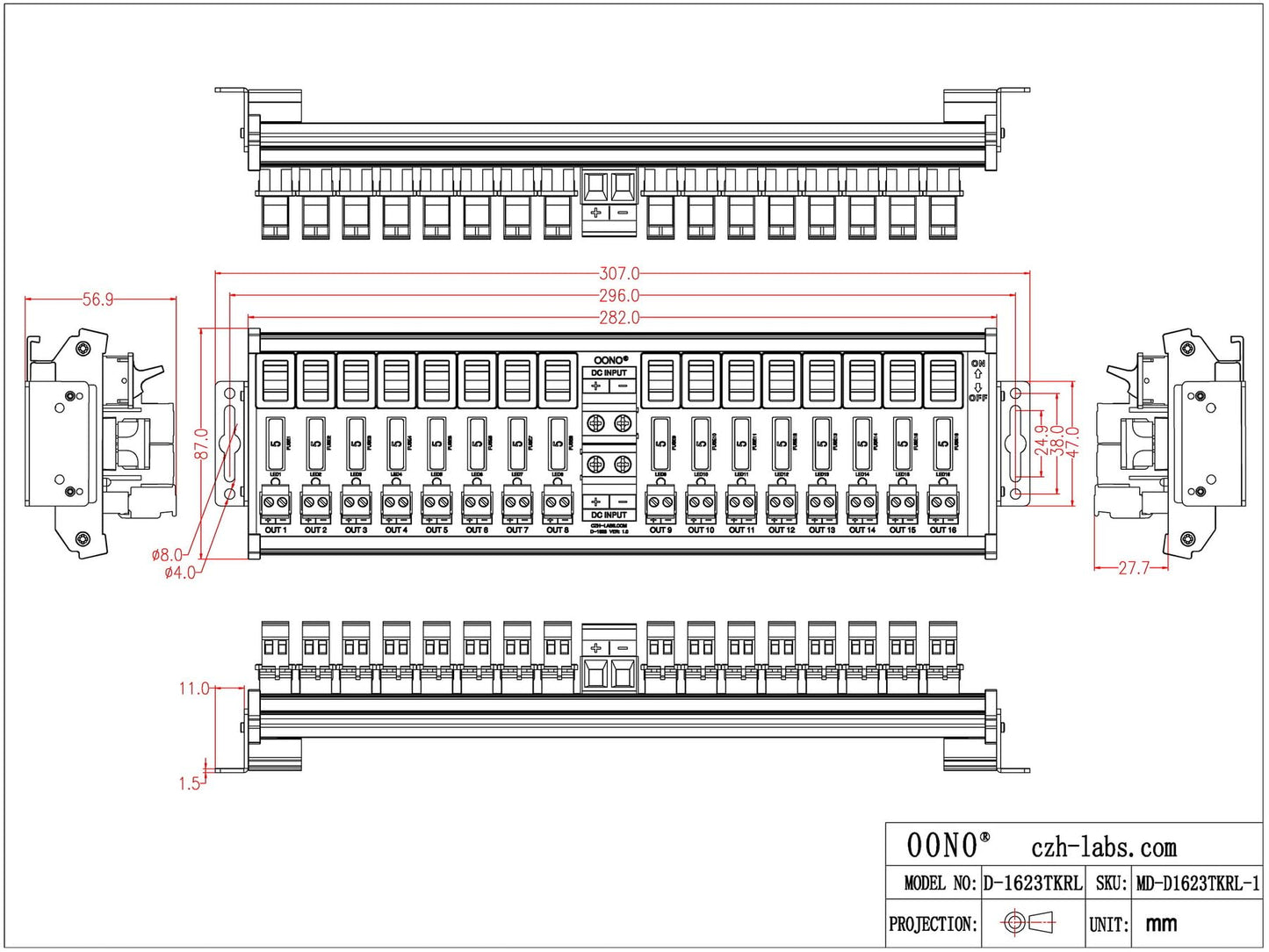 DC Power Distribution Module, Rocker Switch, Fused, Pluggable Top Wiring Terminal Block, DIN Rail and Screw Mount (16 Channel)