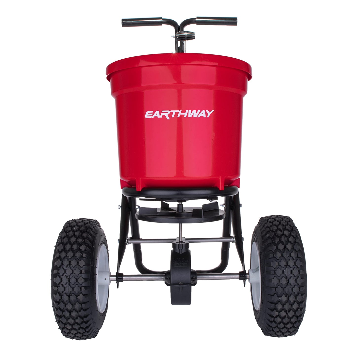 EarthWay 2150 Commercial 50 LB Broadcast Fertilizer Spreader. Heavy-Duty Walk-Behind Push Garden Seeder with Adjustable Drop Rate and Driving Handle. Large 13 inch Pneumatic Stud Tires