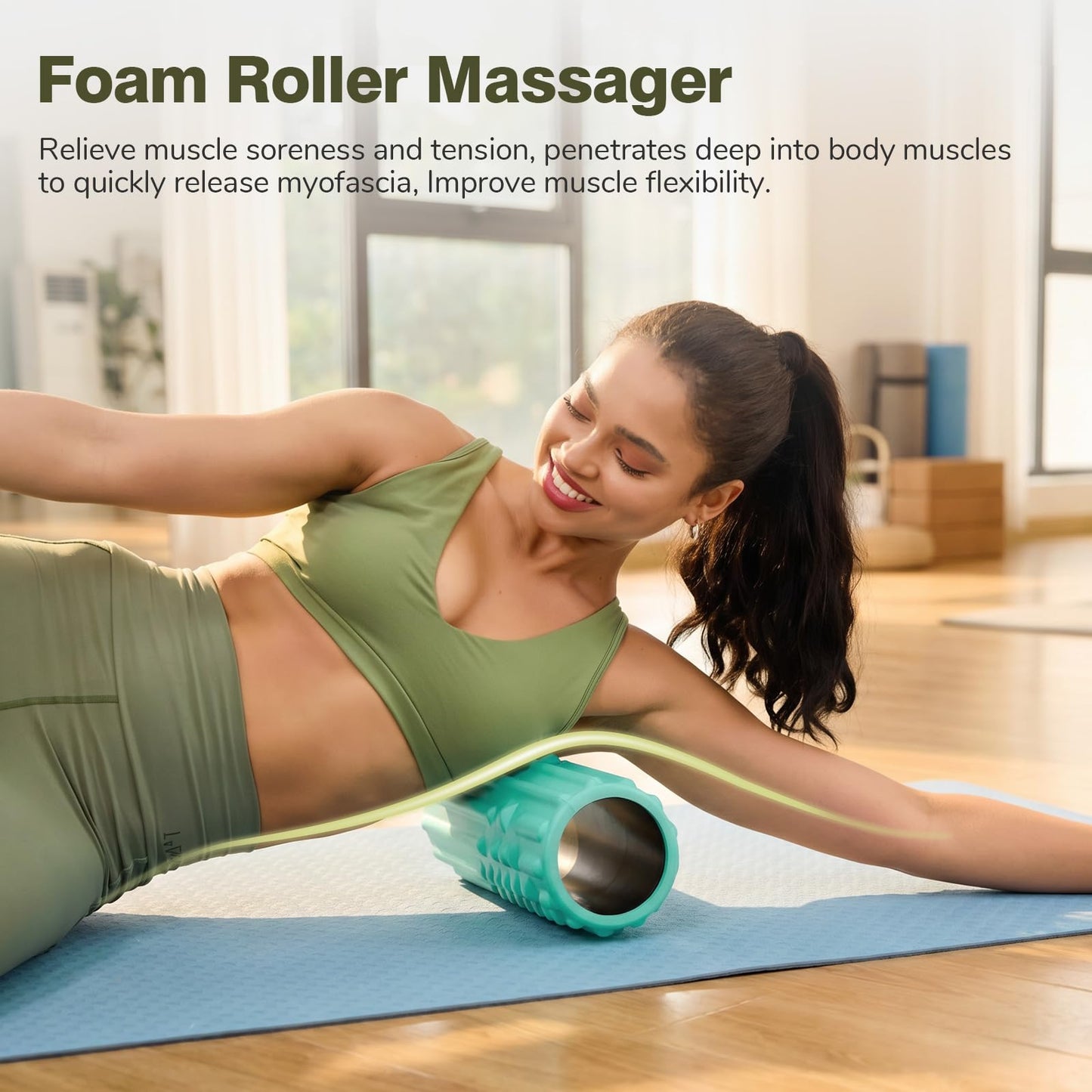 LTHTRADE 5 in 1 Foam Roller Set - Back Roller Foam, Massage Roller Stick, Massage Ball, Resistance Band for Physical Therapy & Deep Tissue Muscle Massage (Green)