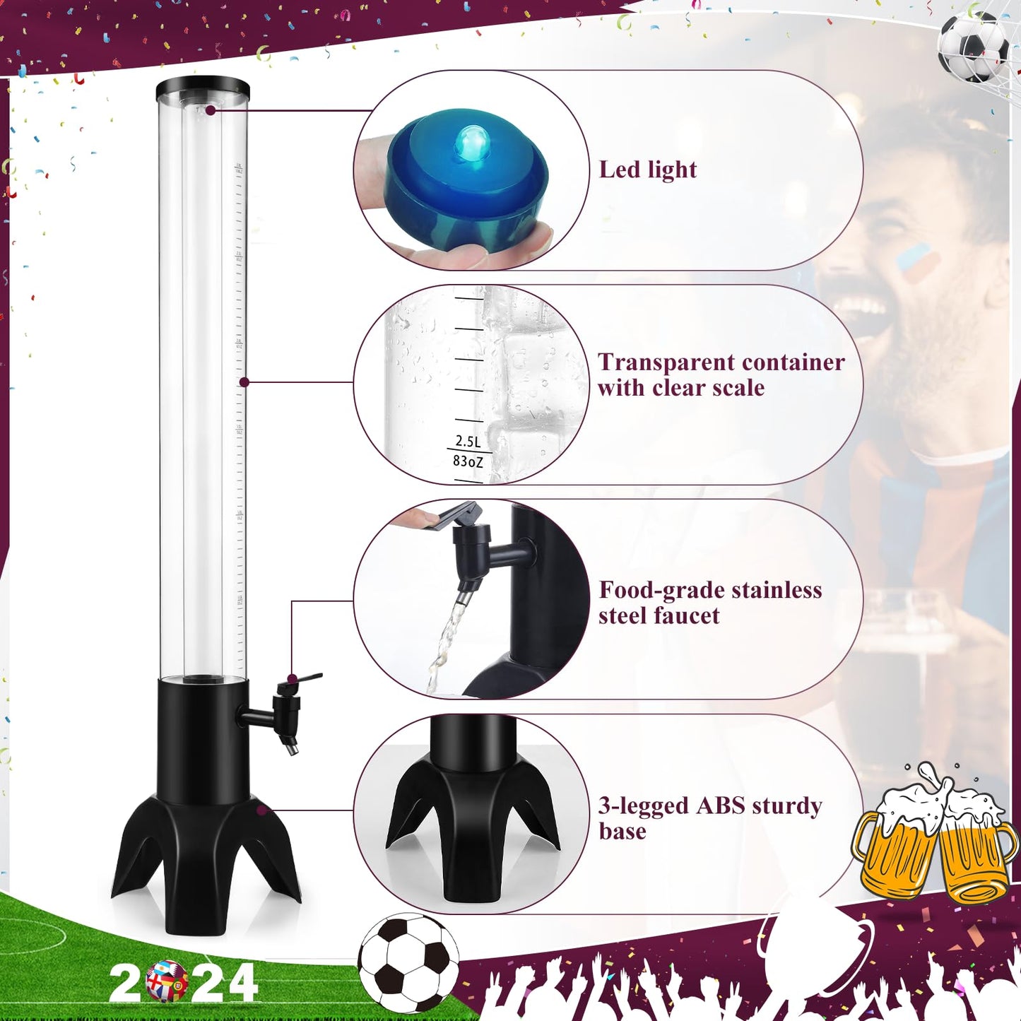 COSYOO 2PCS Drink Tower, 3L Mimosa Tower Dispenser With Ice Tube and Led Light, Tabletop Beer Dispenser 3.17 Qt./100oz, Ideal for Parties Bars Pubs Restaurants