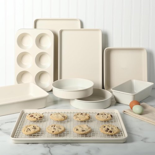 Martha Stewart Gallen 10-Piece Non-Toxic Ceramic Baking Pans Set | PFA-Free Non-Stick Bakeware - Linen White