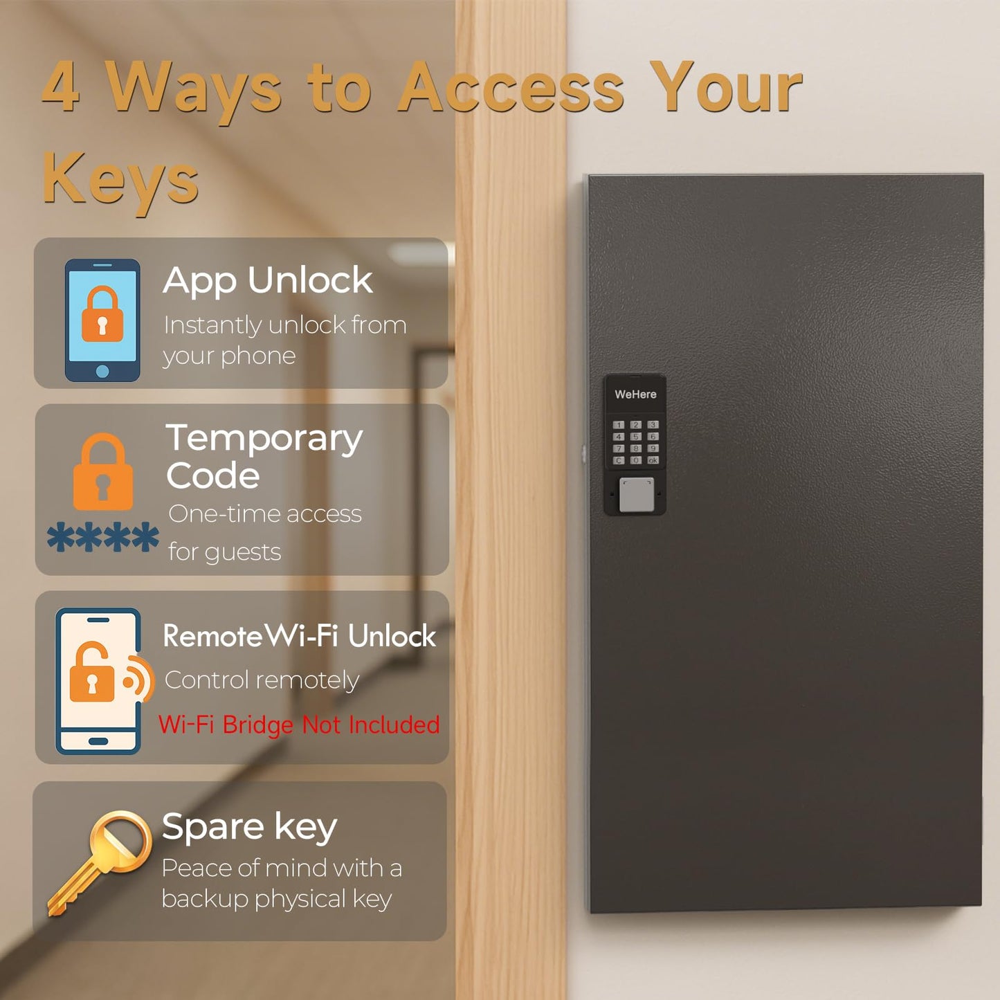 DiDiHere 120-Key Smart Key Lock Box, Wall-Mount Key Cabinet with Key Management App(Track Key Borrow/Return), Keypad, Bluetooth & WiFi Unlock (Sold Separately) for Commercial, School, Rental, Office