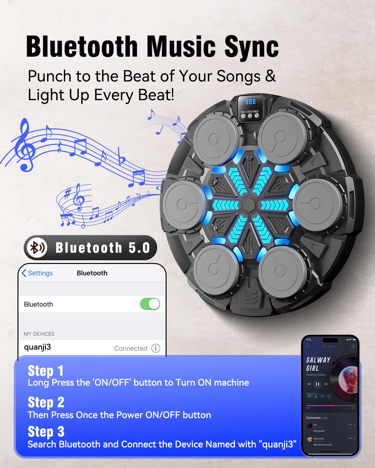 Oppvoci Upgraded Music Punching Machine for Kids and Adults, Wall Boxing Punching Pad with Bluetooth & Rhythm Lights, 3 Speed Modes, Home Fitness Boxing Equipment with Gloves for Boys Girls Teenagers