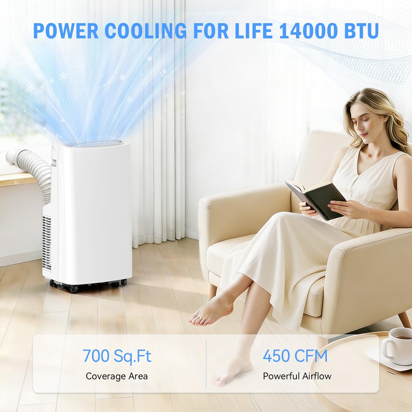 14,000 BTU Portable Air Conditioner & Heater Combo, 4-in-1 AC Unit Cools/Heats/Dehumidifies/Fan, Wi-Fi Smart for Room Up to 700 Sq.Ft, Remote Control, 360° Wheels for Bedroom Large Room