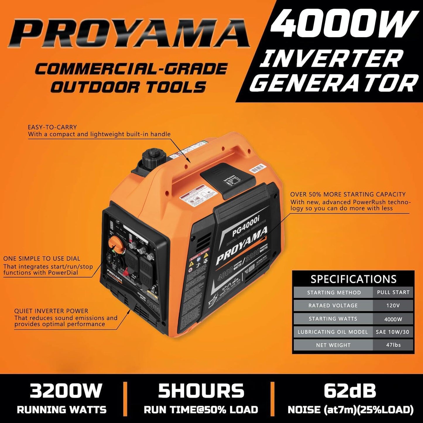 PROYAMA 4000W Portable Gas Inverter Generator, CO Sensor, Digital Interface, RV - Ready, LED Light, ECO - Mode, Parallel Capable, Low Oil Shutoff, Super Quiet and Lightweight with Weatherproof Cover