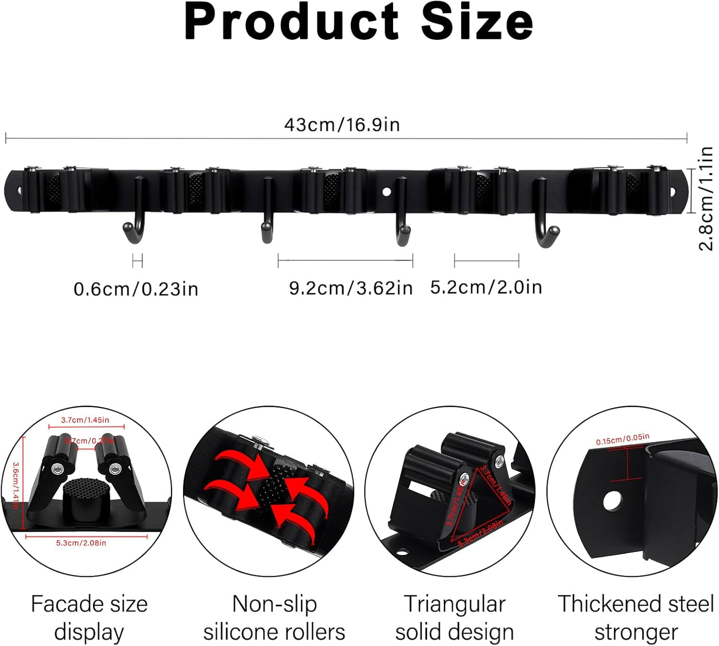 Skiennix Mop and Broom Holder - Heavy Duty Wall Mount Organizer with 5 Racks & 4 Hooks | Non-Slip, Self-Adhesive