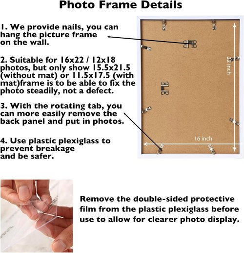 JCJMY 16x22 Picture Frame - Display 12x18 Photos with Mat or 16x22 Without Mat | White Wall Hanging Frame