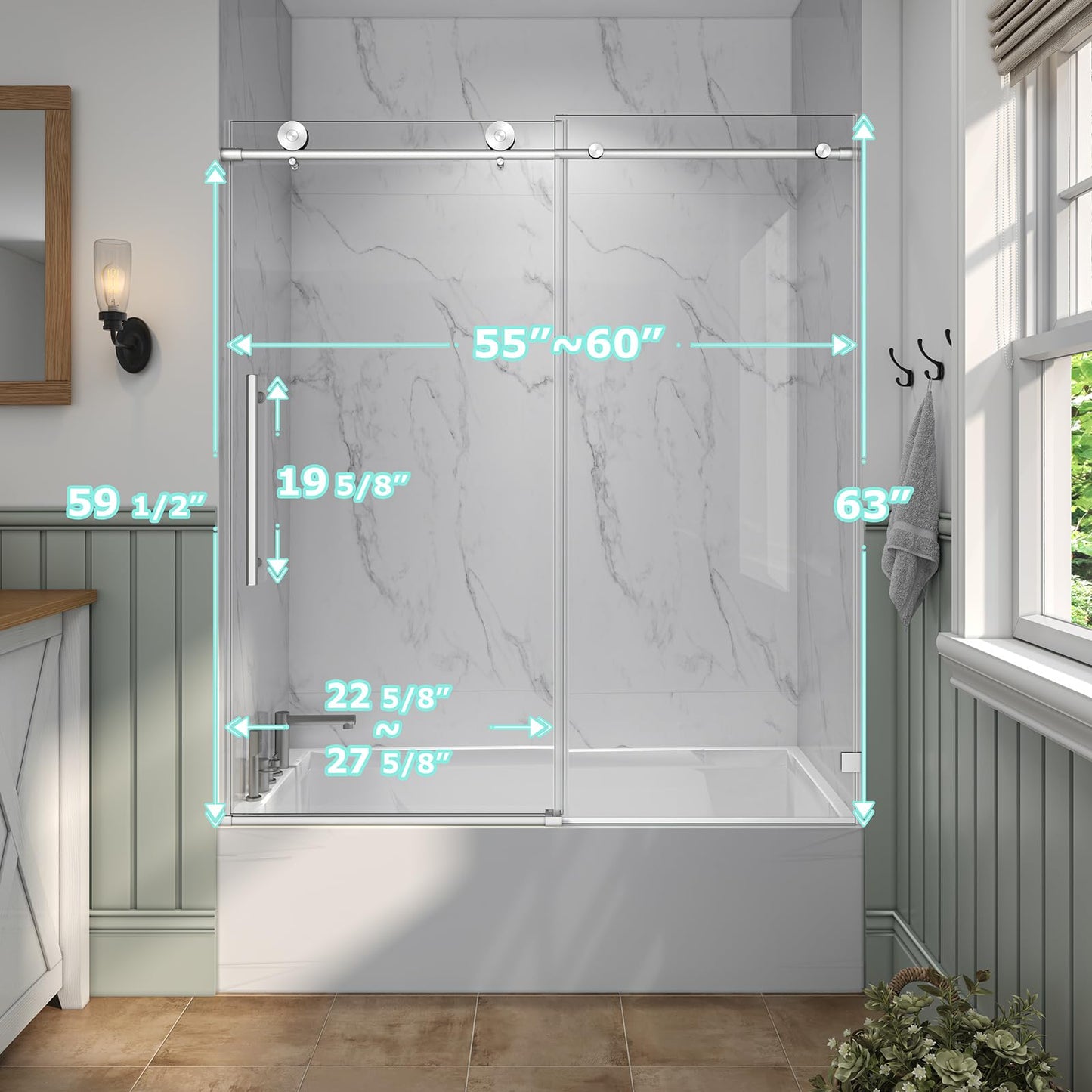 EPXMKX 55"-60" W x 63" H Bathtub Soft Closing Sliding Shower Door,Water Repellent Frameless Tub Shower Door with 5/16" (8mm) Nano Explosion-Proof Film Transparent Glass (Brushed Nickel 60" Wx63 H)