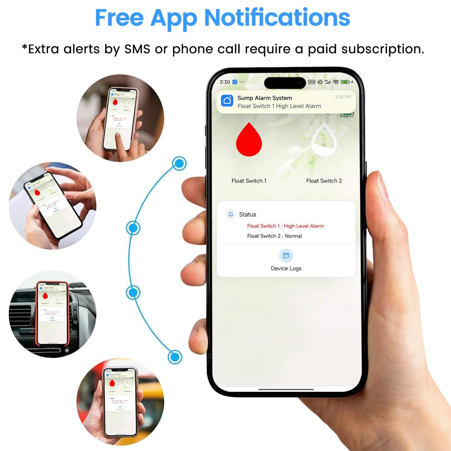 Sump Pump Alarm WiFi, Smart High/Low Water Level Alarm with Alarm-activated Outlet, Free App Alerts,Built-in Backup Battery,110dB Siren,10ft Float Switch for Septic Tank, Sump Pump, Ponds & Water Tank