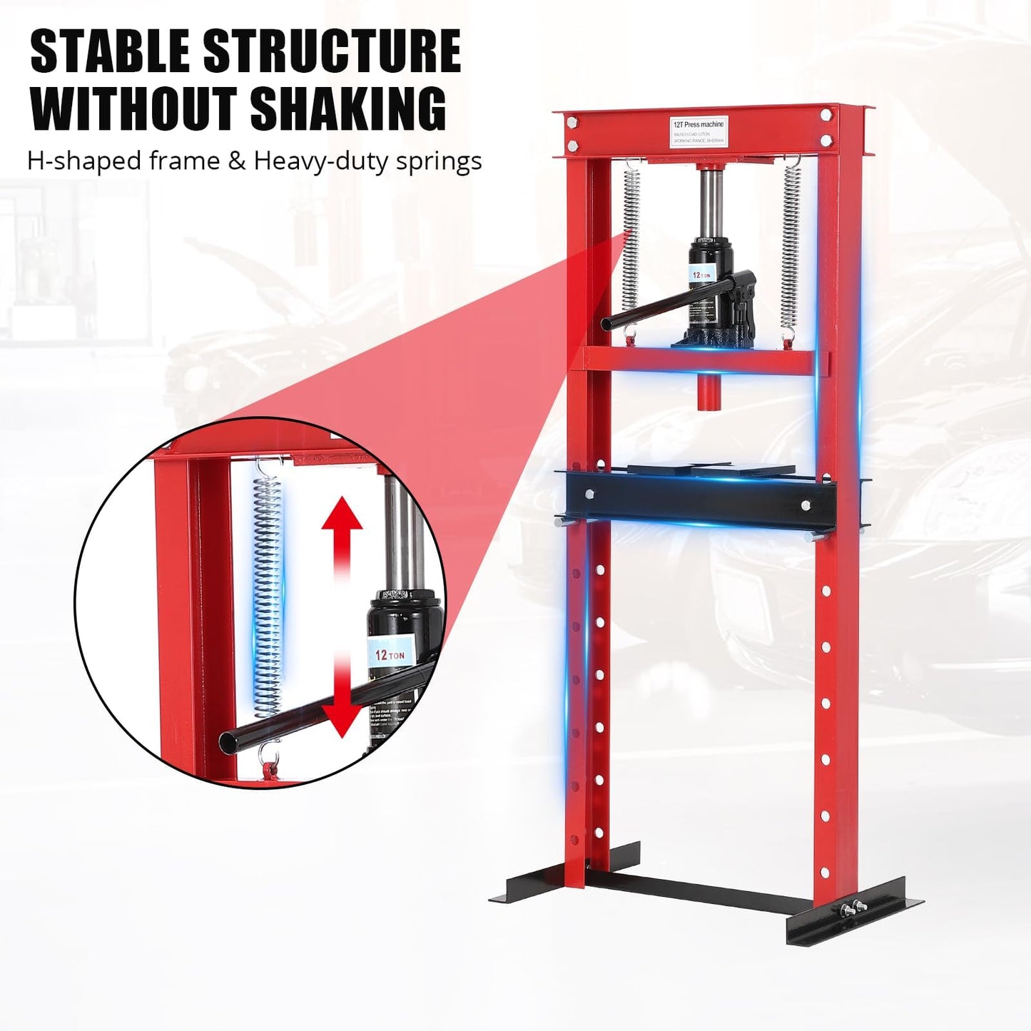 12-Ton H-Frame Hydraulic Press with Adjustable Table & 2 Press Plates, Heavy-Duty Shop Press for u-Joints, Metal Bending, and Garage Repairs