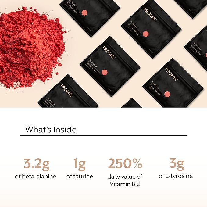Promix Pre-Workout Powder, Strawberry Lemon ??Boosts Focus, Energy & Endurance ??With Caffeine, B12, Beta-Alanine & L-Tyrosine ??Gluten & Dairy-Free, 10.05 oz