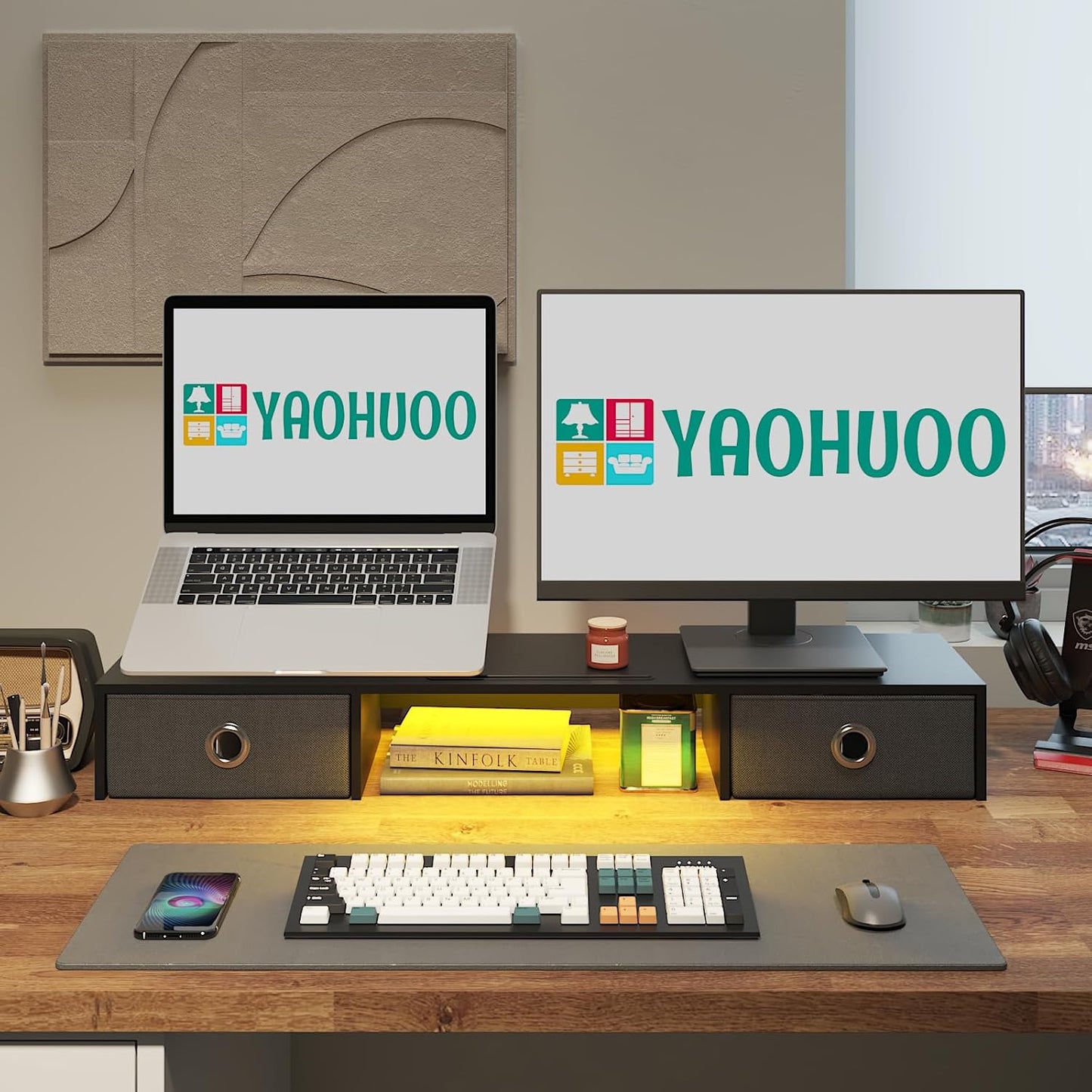 2 2 YAOHUOO Dual Monitor Stand with LED Light Drawers, Computer Monitor Riser for Monitors, Large Desktop Organzier