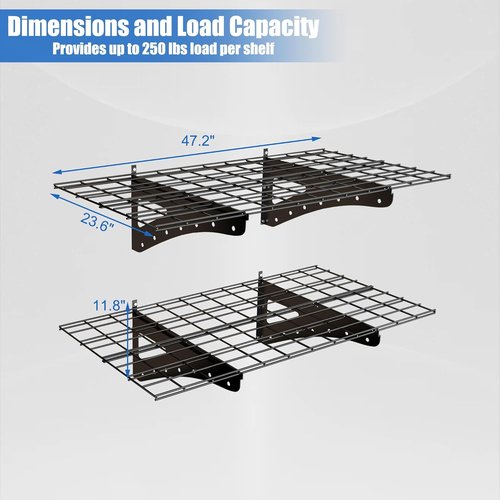 Garage Shelving | Wall Mounted Heavy Duty Set of 2 - 2 x 4 ft Floating Storage Racks, Black, 250 lbs Capacity