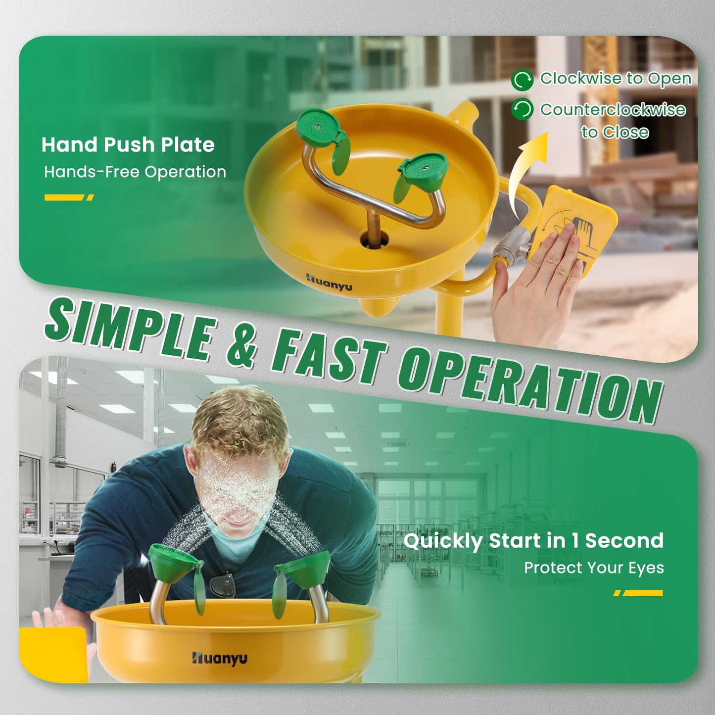 Huanyu Stand Up Eye Wash Station Floor Mounted Eyewash Station Adjustable Water Flow Emergency Eye Washing Station Stainless Steel with Eye Wash Sign Factory (1207-1 Yellow)