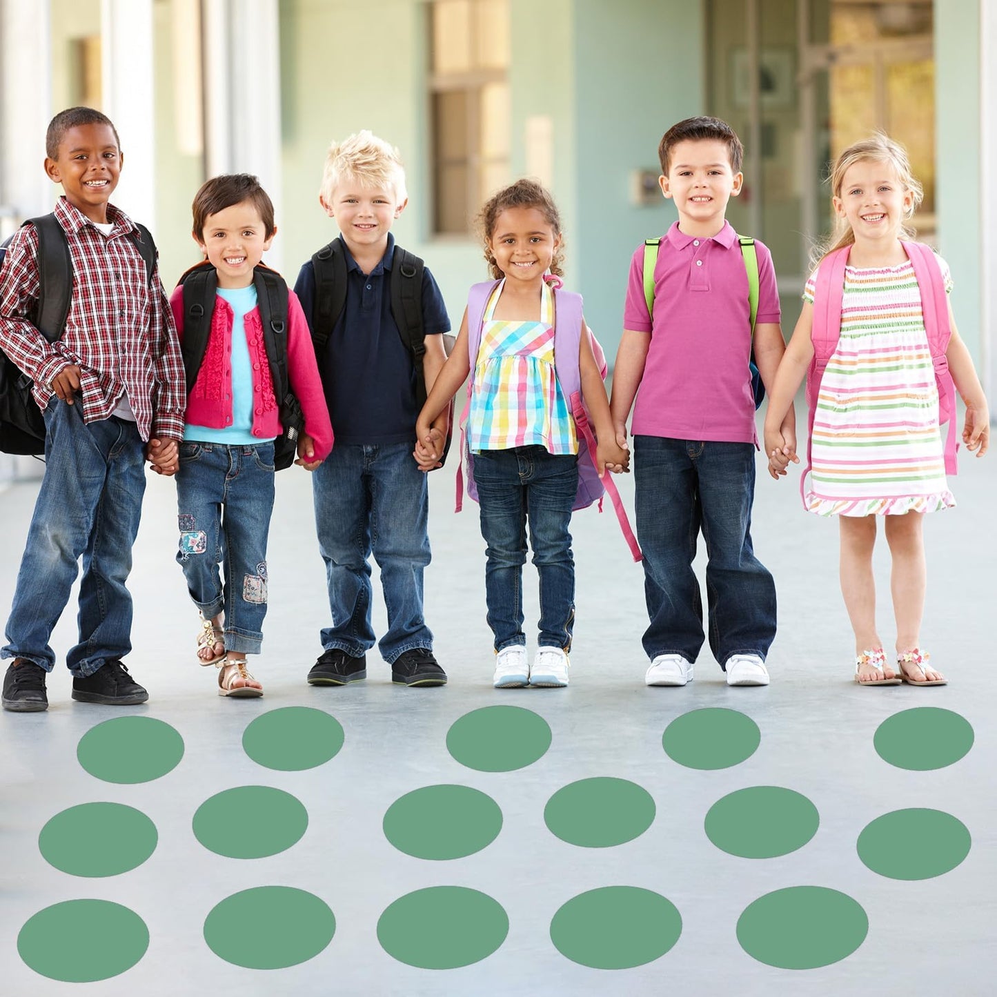 QOUBAI 60 Pcs 6in Classroom Floor Stickers Large Removable Number Spot Markers Eucalyptus Green Vinyl Floor Carpet Decals Line up Sitting Dots Stickers for Teachers Students Elementary Preschool
