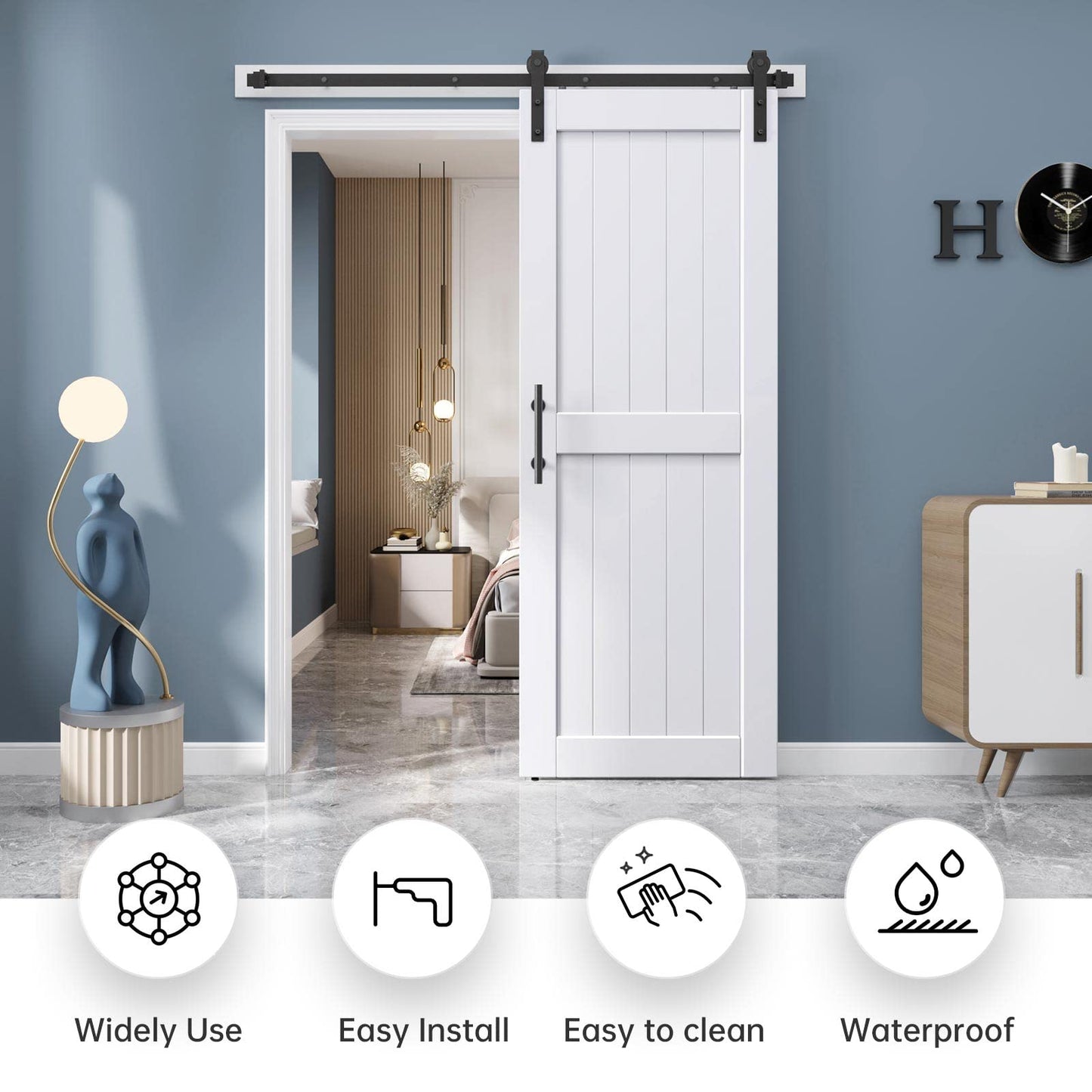 EaseLife 32 x 84 inch White Barn Door with 5.5FT Sliding Door Hardware Kit Included & Handle,Solid Wood Covered with Waterproof PVC Surface,DIY Assemblely,Easy Install,H-Frame,Fit 28-30in Wide Opening