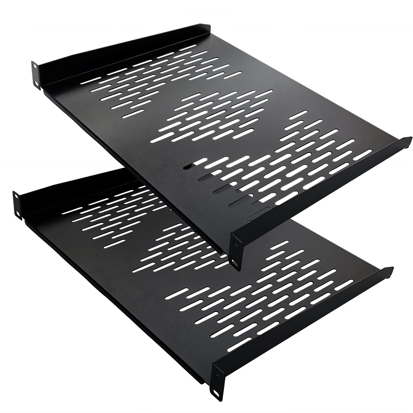 RIVECO 2 Pieces 1U Rack Shelves 19” Tray Cabinet Mount Vented Cantilevers for Network Equipment Shelf Mounting, 14 Inches 35CM Depth, Black 2PCS