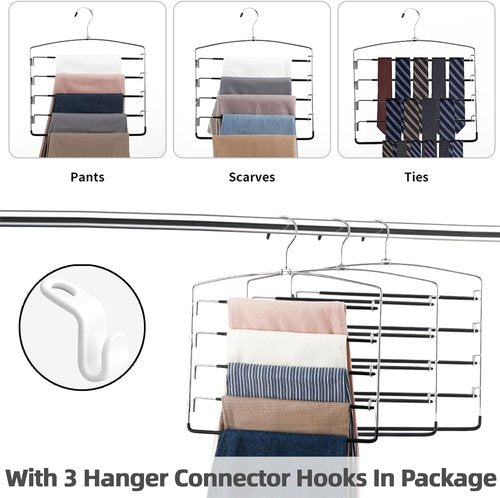 FeeraHozer Pants Hangers - Non-Slip Multi-Layer Swing Arm Design | Space-Saving Closet Organizer (Black, 3 Pack)