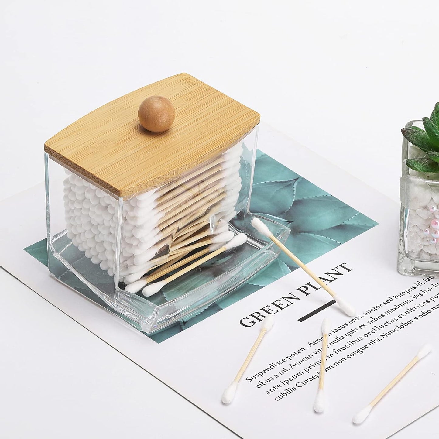 Tbestmax Qtip Holder Dispenser - 10oz Clear Bathroom Organizer with Bamboo Lids for Cotton Swabs & Accessories