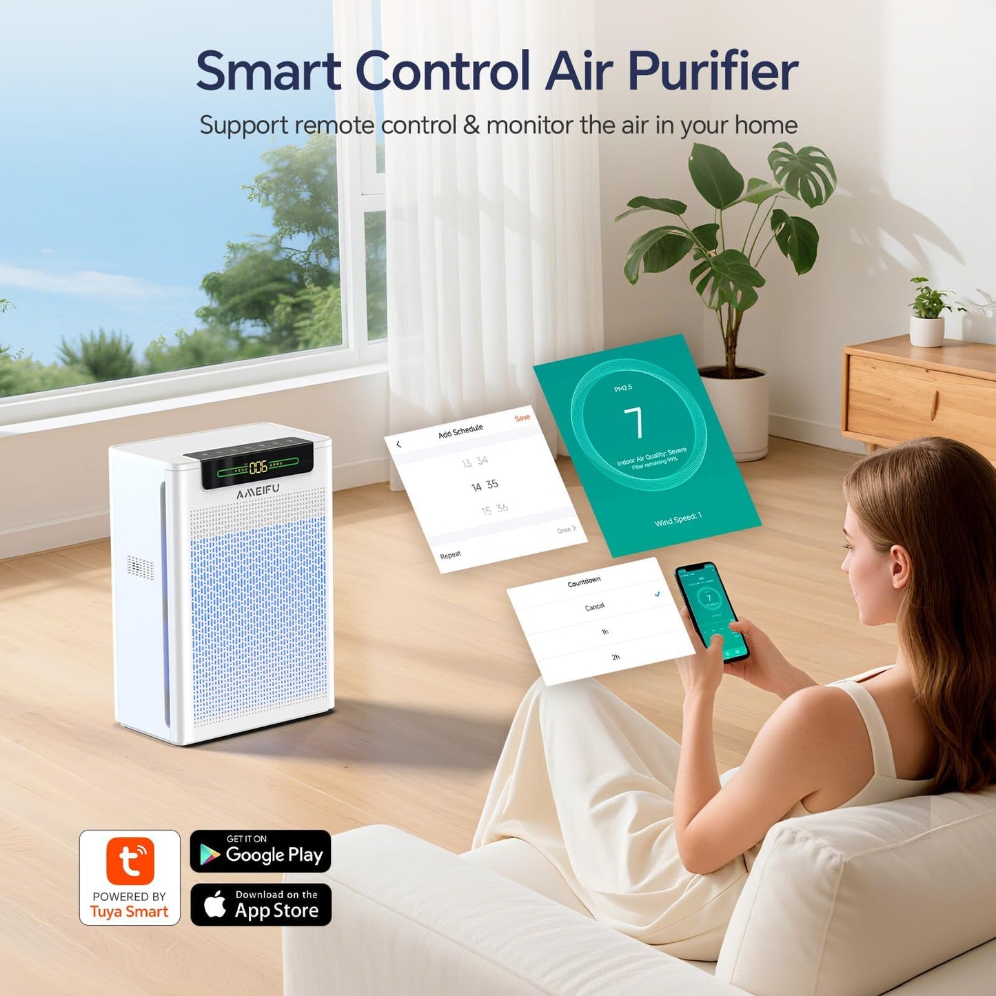 AMEIFU Air Purifiers for Home Large Room up to 3000sq.ft, H13 True Hepa Air Purifiers for Pets Hair, Dander, Smoke, Pollen, 3 Fan Speeds, 5 Timer Air Cleaner