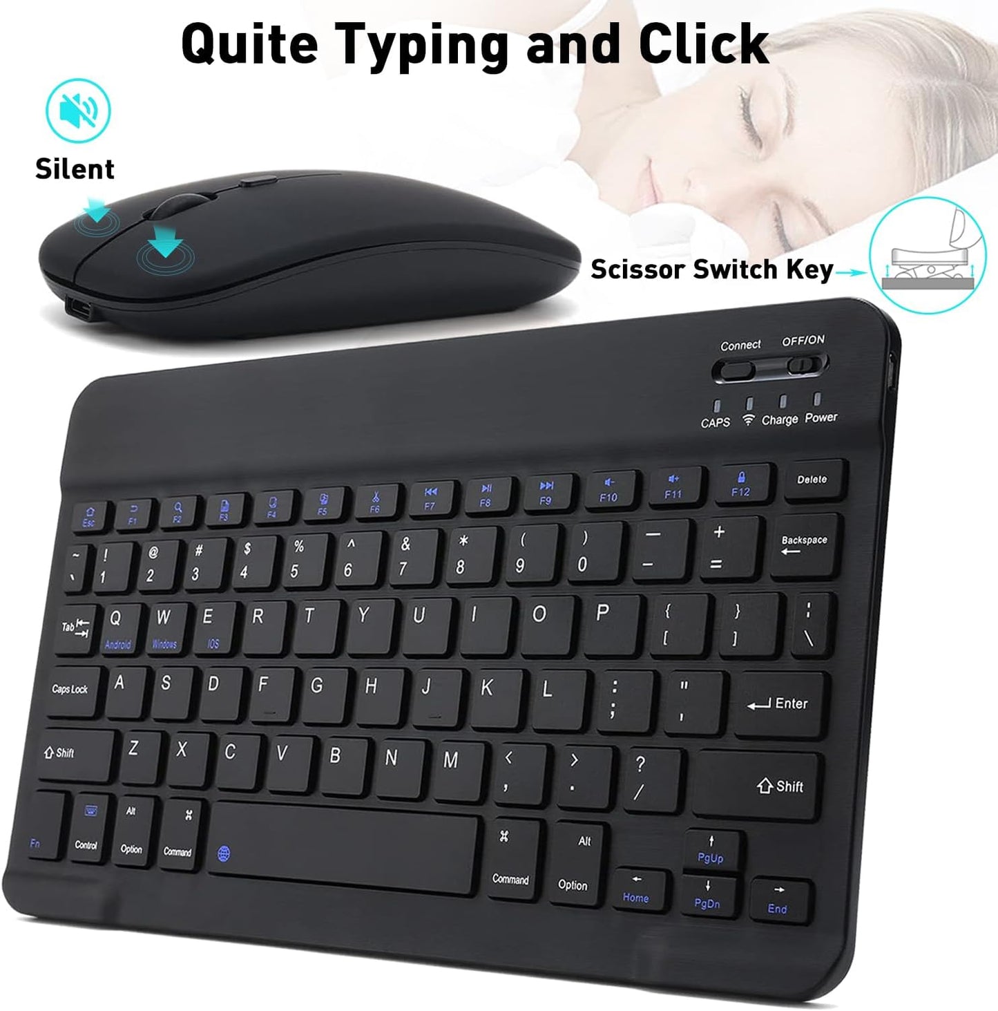 KUNSI Bluetooth Keyboard and Mouse Combo for iPad, Rechargeable Slim Wireless Keyboard and Mouse for Tablets,Compatible