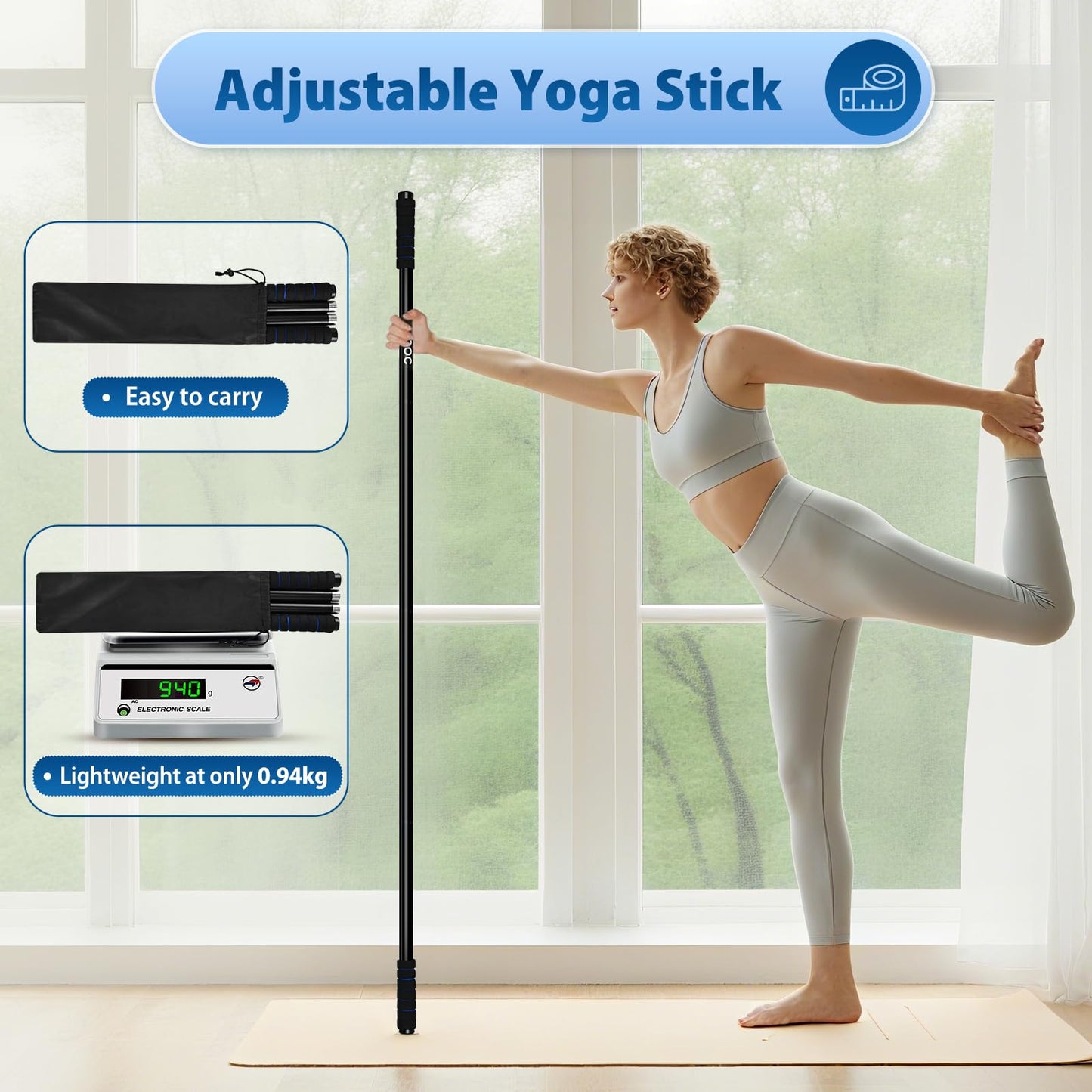 Yoga Stick 5 ft, Sturdy Steel Adjustable Stretching Stick for Mobility, Balance and Flexibility, Versatile Exercise Stick with Non-Slip Ends and Foam Handles for Fitness, and Posture Correction