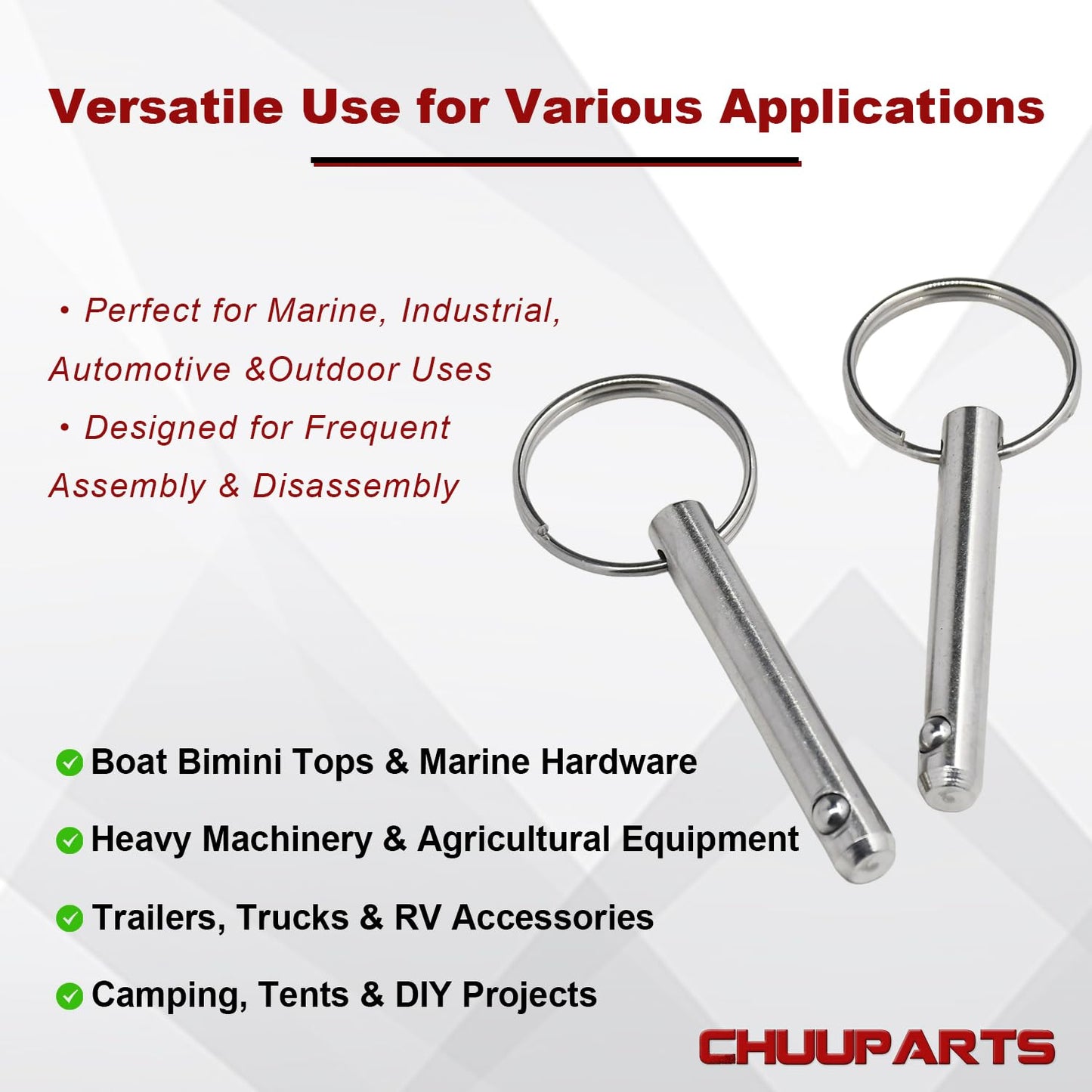 Chuuparts Set of 2 Quick Release Pins, 5/16" (8mm) Diameter, 2.17" (55mm) Total Length, 1.54" (39mm) Usable Length, Made of 316 Stainless Steel, Ideal for Bimini Tops and Marine Hardware