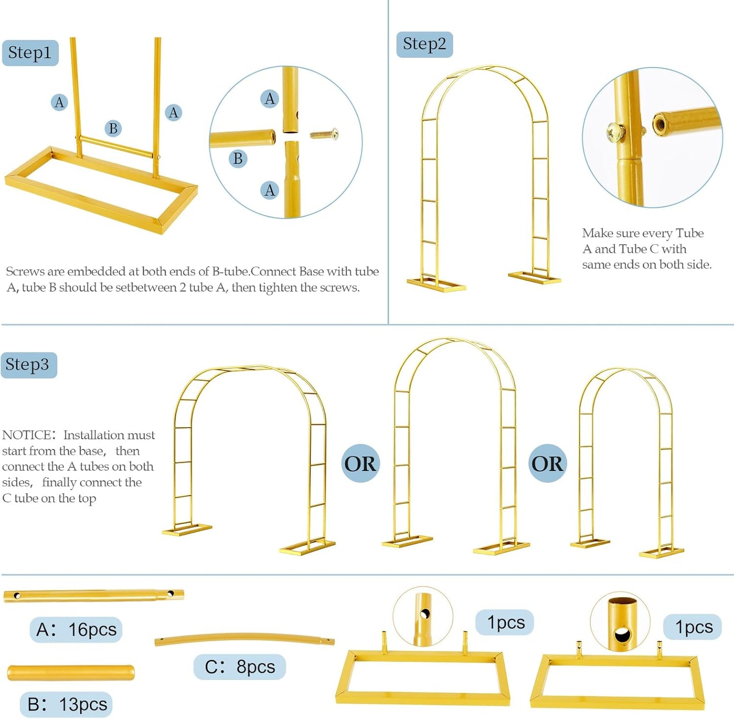 Stand,6.6FTx3.5FT 3 Arch Backdrop Metal Pergola Arbors,Gold Garden Wide Arbors and Arches Trellis for Climbing Plants