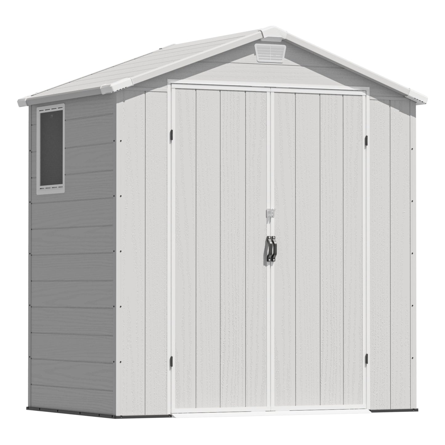 Greesum 6x4FT Plastic Outdoor Storage Shed with Floor, Resin Sheds with Lockable Double Door, Tool Sheds with Window and Vents, for Garden, Patio, Backyard, Light Gray