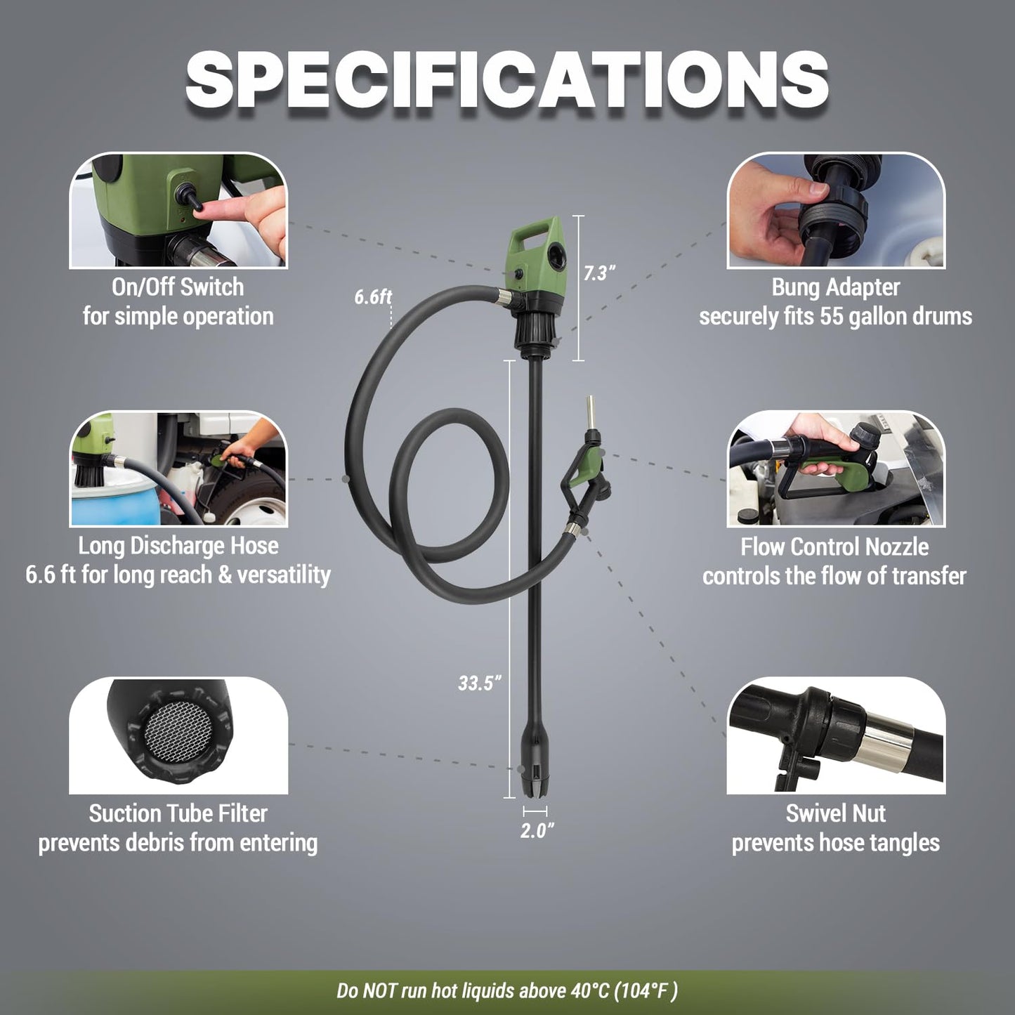 TERA PUMP Electric DC20V Drum Transfer Pump, Intake Filter-equipped, 55 Gallon Drums, Flow Control Nozzle, 7.6 Gal/Min