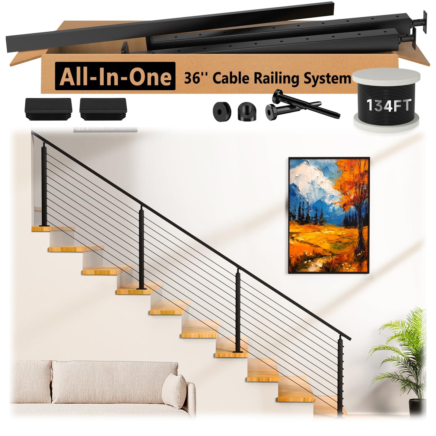 Zylorix 8ft-12ft Complete Set 36" Cable Railing System 33° Drilled with Cuttable Handrail, Modular Black T304 Stainless Steel Angled Stair Cable Railing Posts Kit for 28-38° Wood Concrete Stair
