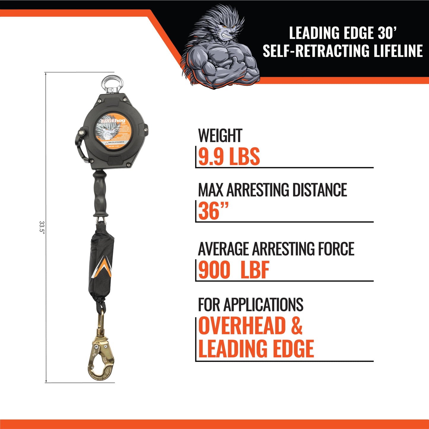 Malta Dynamics Edgehog Self Retracting Lifeline – 30’ Leading Edge Fall Protection Yoyo Cable, Class 2 Retractable Lanyard with Quick-Action Brake, OSHA and ANSI Compliant Safety Lanyard