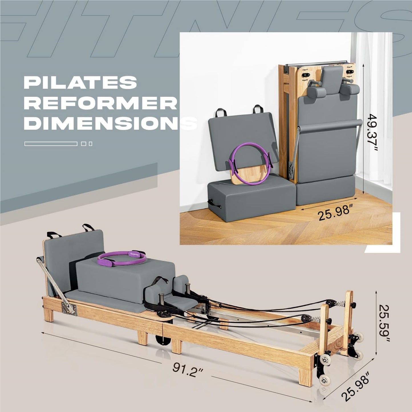 LeisureKing Pilates Reformer Machine PRO, Studio Grade Pilates Equipment for Home Workout with 5 Springs and Microfiber Leather, Oak Wood Foldable Pilates Reformer with Reformer Accessories, Gray