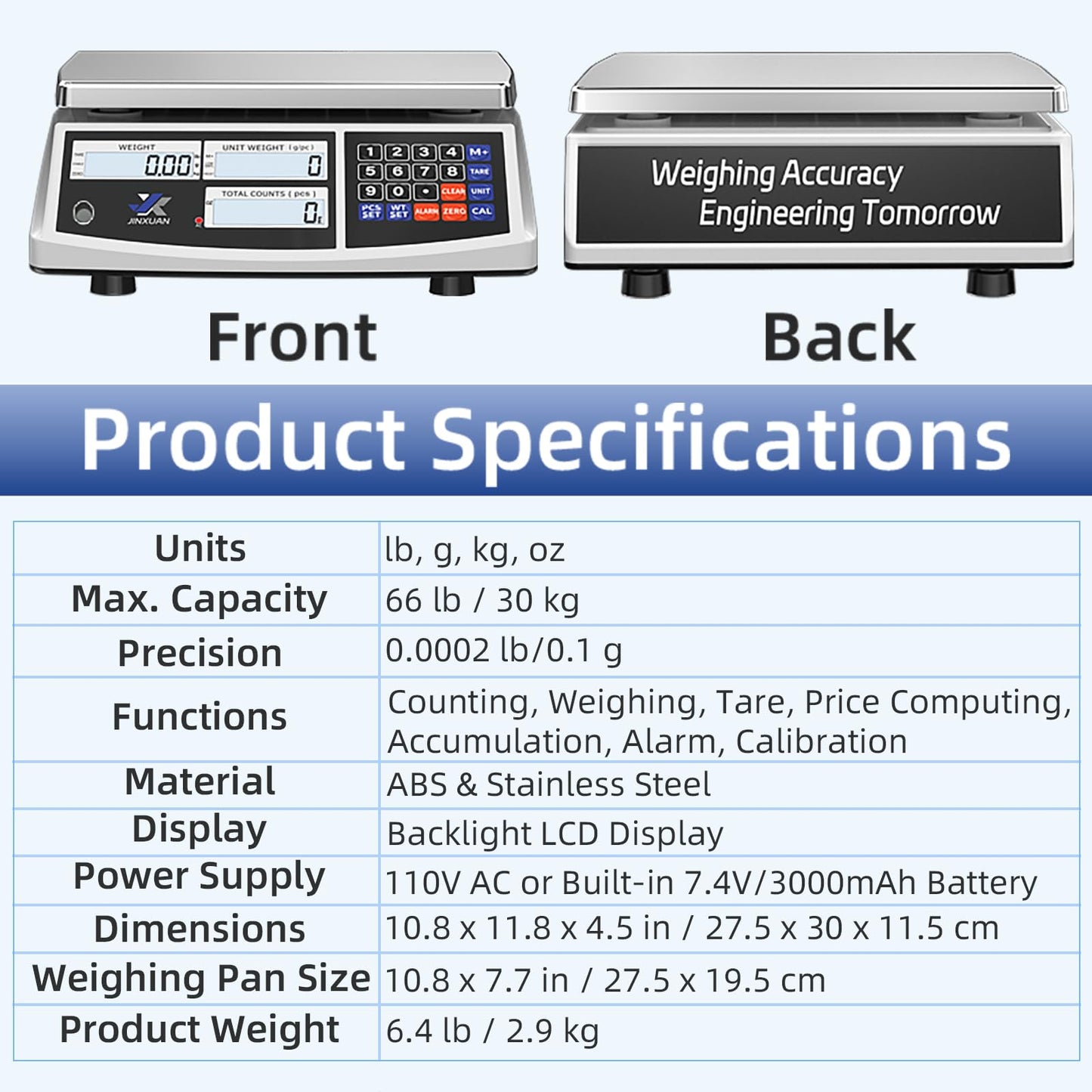JINXUAN Industrial Counting Scale 30kg/66lb x 0.1g Precision Bench Scale Digital Inventory Counting Weight Scale for Small Parts and Coins, Electronic Gram Scale with Batteries/AC Power, lb/g/kg/oz